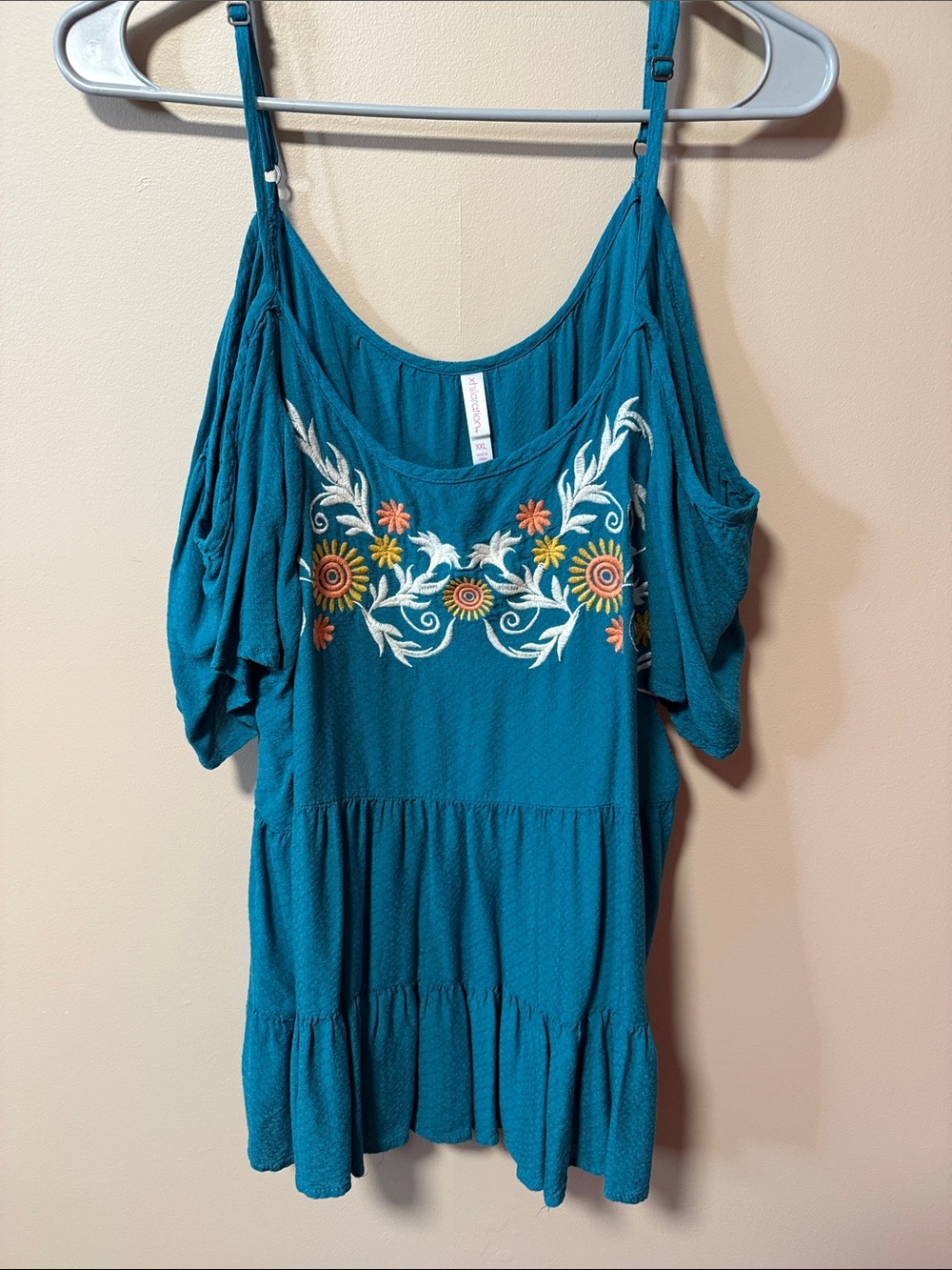 Xhilaration Teal Embroidered Cold-Shoulder Top